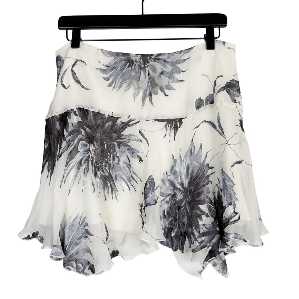 Hale Bob 100% Silk Floral White Mini Skirt Flutter Fairycore Asymmetrical - 6